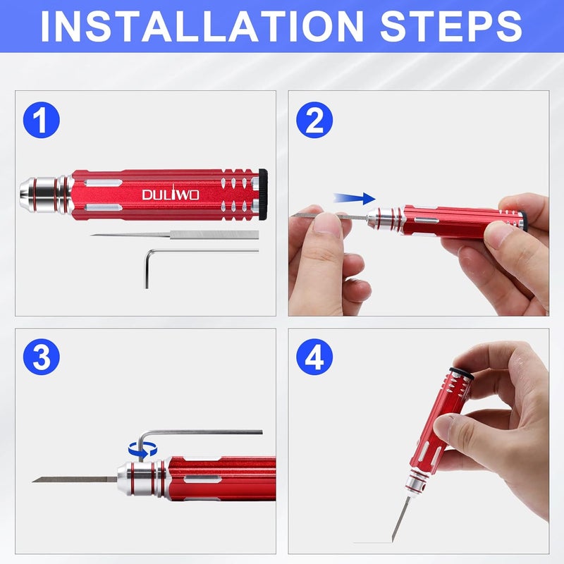 DULIWO Prime Model Scriber Gundam Resin Carved Scribe Line Hobby Cutting Tool Chisel, 7 Model Chisel Blades (0.1/0.2/0.4/0.6/0.8/1.0/2.0mm) with Rubber Cap + Carving Masking Tape 3mmx20m (Red) - Image 5